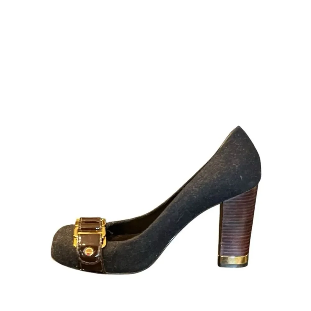 Tory Burch Size 7 M Black Flannel Stacked Heels Chain Link Pumps Shoes MSRP $298